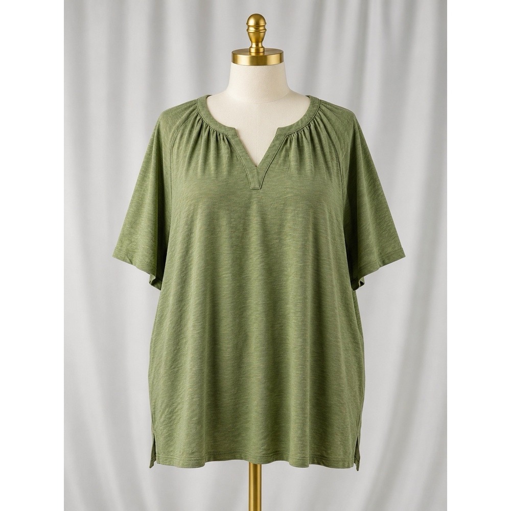 Denim & Co Linen Blend Flutter Short Sleeve Knit Top 3X Olive Green Split V-Neck